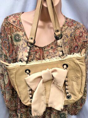 Miss Albright Specialty Pink Distressed Leather Fringe Bow Shoulder Tote Bag